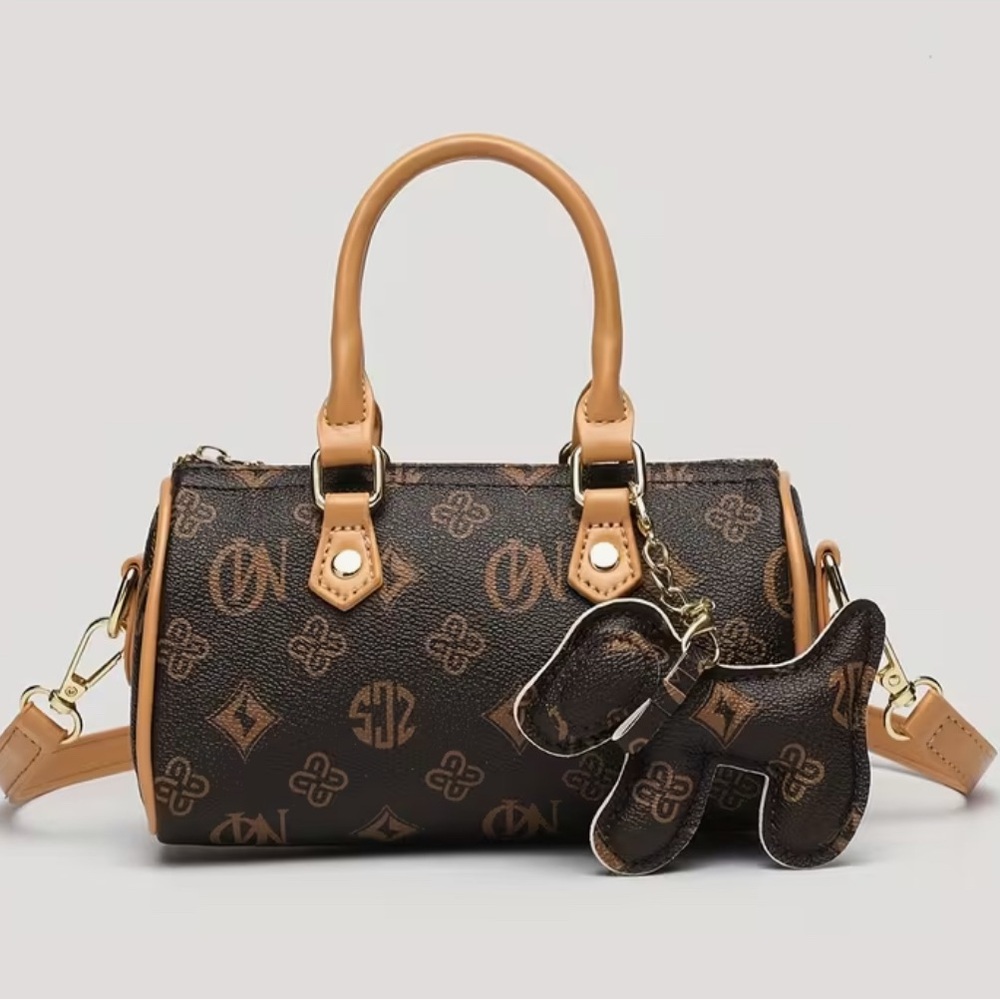 Brown Monogram Barrel Bag Designer Inspired with Puppy Charm & Golden-Tone NIP - Picture 3 of 13